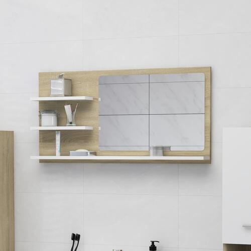 Badeværelsesspejl 90x10,5x45 cm spånplade hvid og sonoma-eg
