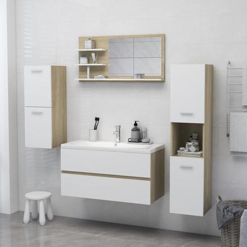 Badeværelsesspejl 90x10,5x45 cm spånplade hvid og sonoma-eg