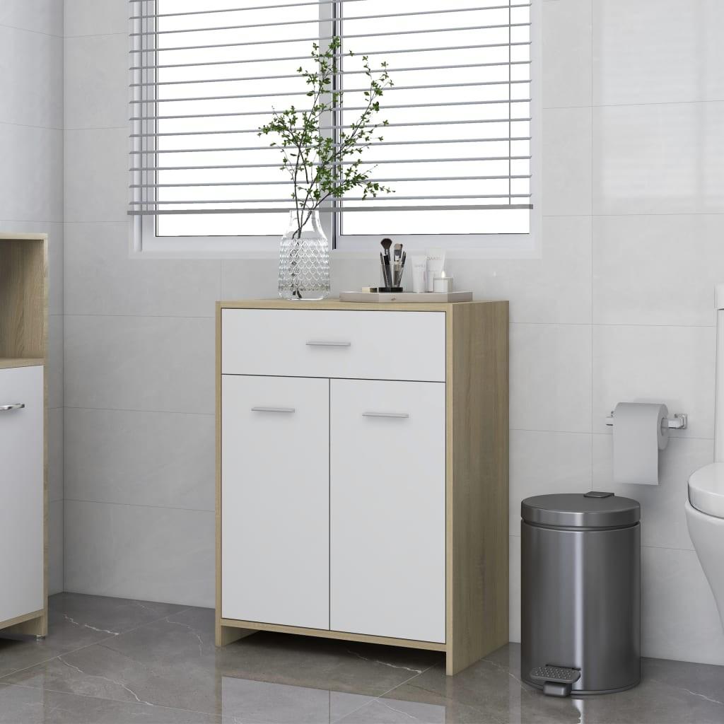 Badeværelsesskab 60x33x80 cm konstrueret træ hvid og sonoma-eg