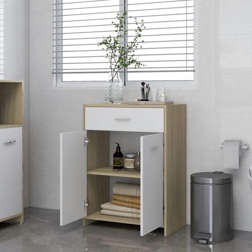 Badeværelsesskab 60x33x80 cm konstrueret træ hvid og sonoma-eg