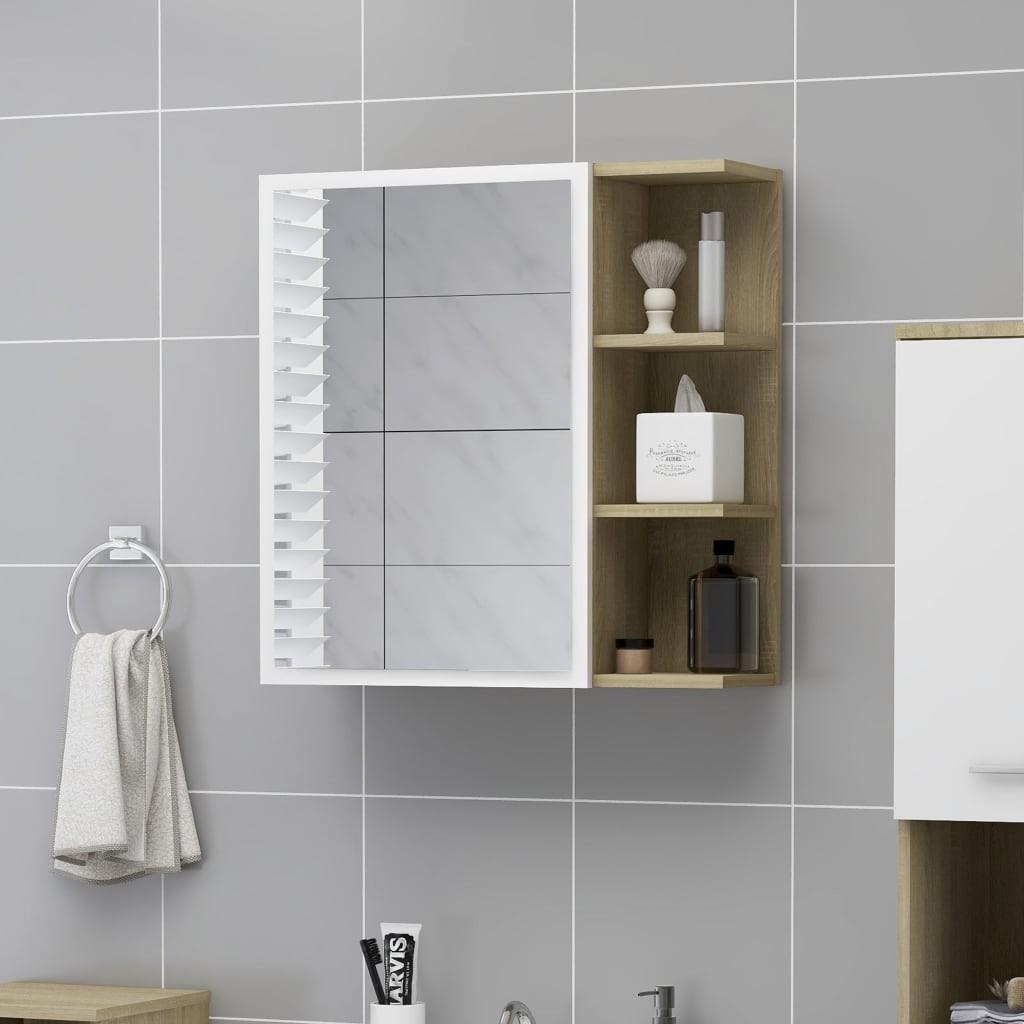Badeværelsesskab spejl 62,5x20,5x64 cm spånplade hvid sonoma-eg