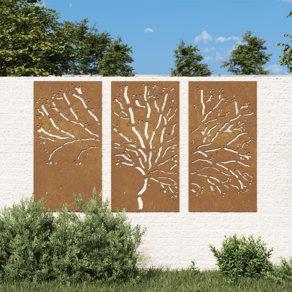 Udendørs vægdekoration 3 dele 105x55 cm trædesign cortenstål billede