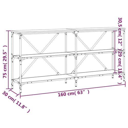 Konsolbord 160x30x75 cm konstrueret træ og jern brunt egetræ
