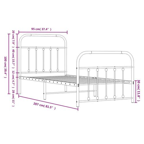 Sengeramme med sengegavl og fodgærde 90x200 cm metal hvid