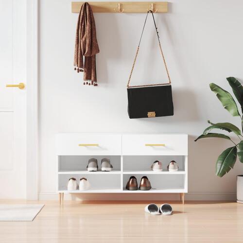 Skobænk 102x35x55 cm konstrueret træ hvid højglans