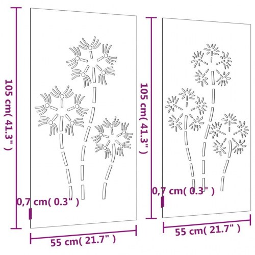 Udendørs vægdekoration i cortenstål - 2 stk. blomster, 105 × 55 cm