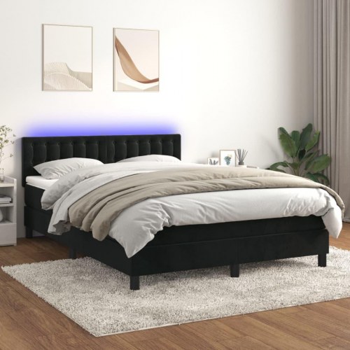Kontinentalseng med madras og LED-lys 140×190 cm - fløjl, sort