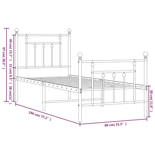 Sengeramme med sengegavl og fodgærde 75x190 cm metal hvid