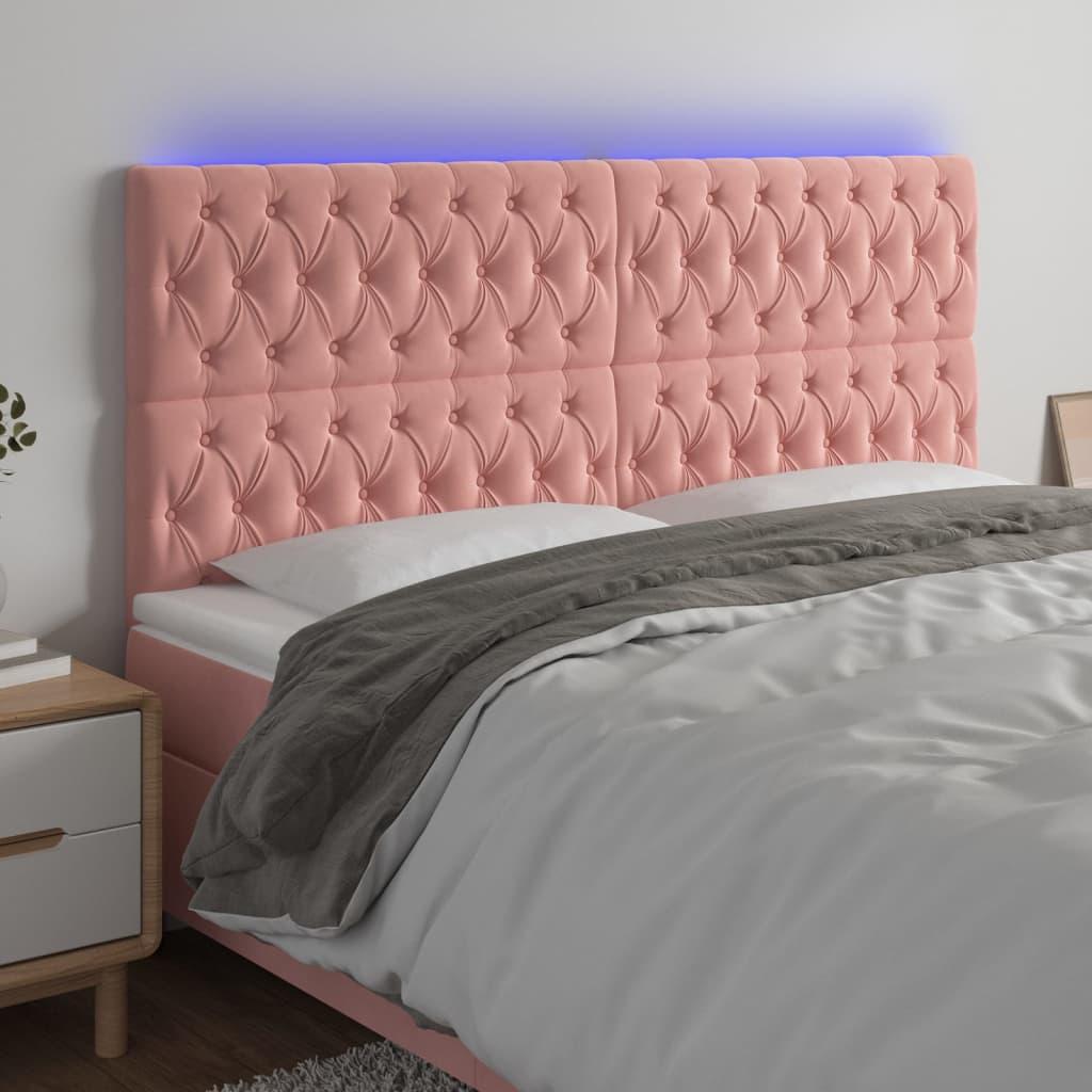 Sengegavl med LED-lys 180x7x118/128 cm fløjl lyserød billede