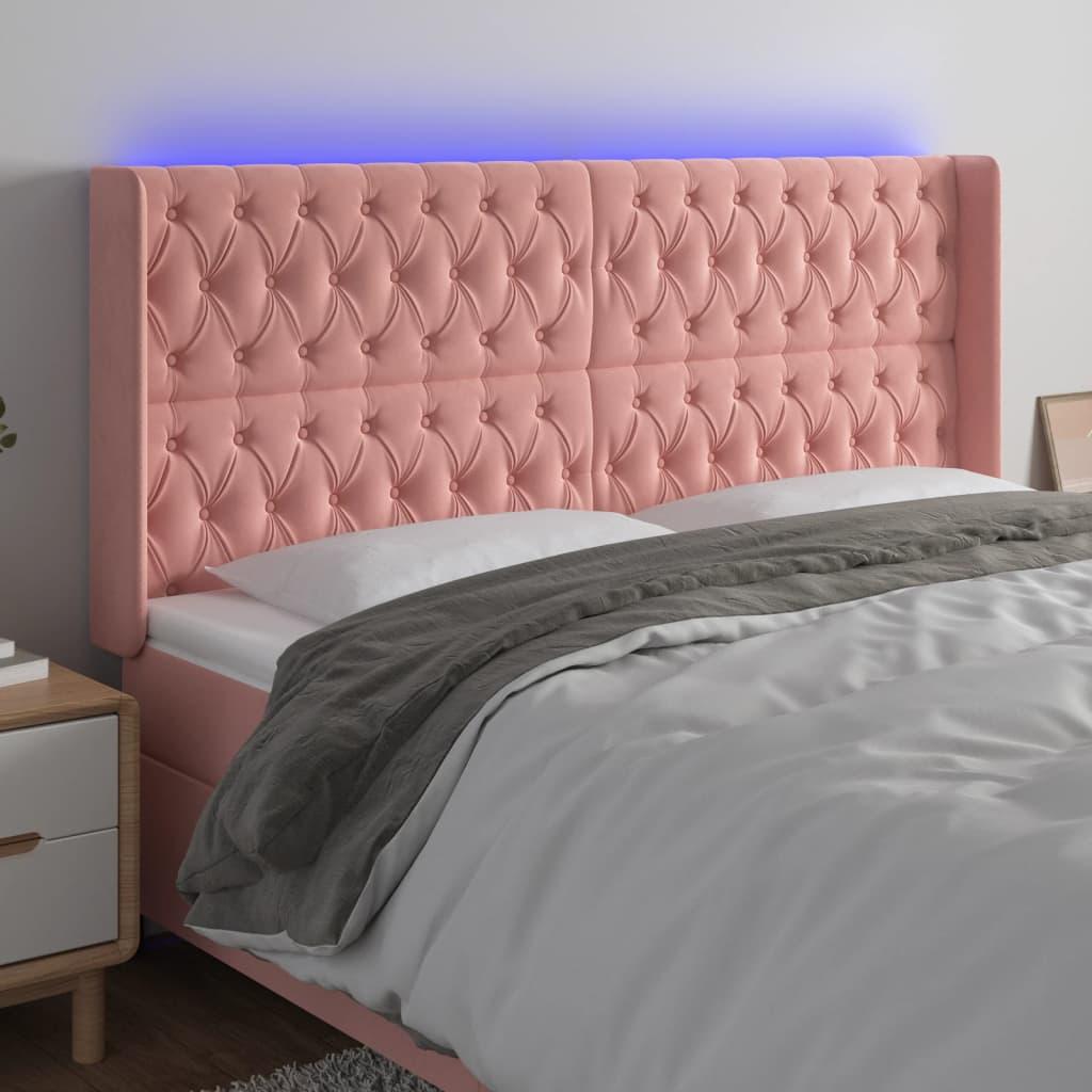 Sengegavl med LED-lys 183x16x118/128 cm fløjl lyserød billede