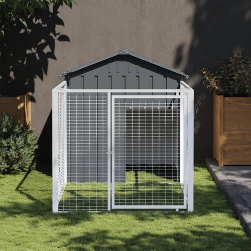 Hundehus med løbegård 117x201x123 cm galvaniseret stål antracit