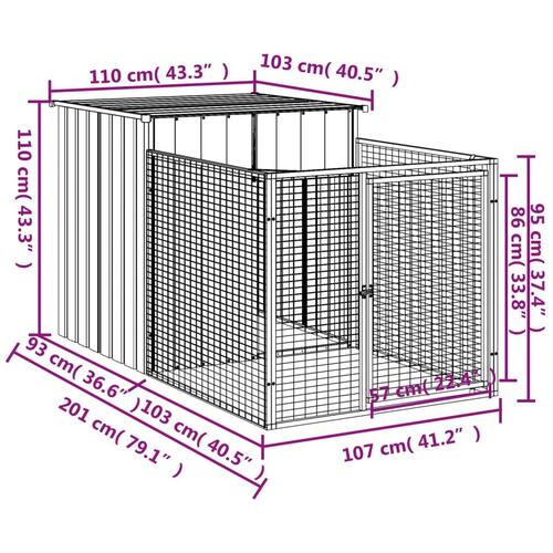 Hundehus med løbegård 110x201x110 cm galvaniseret stål lysegrå