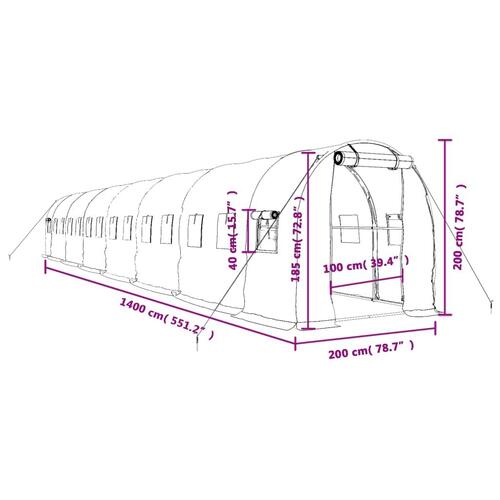 Drivhus med stålstel 28 m² 14x2x2 m grøn