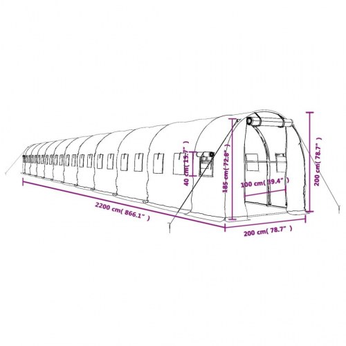 Drivhus med stålstel 44 m² - 22 × 2 × 2 m, grøn