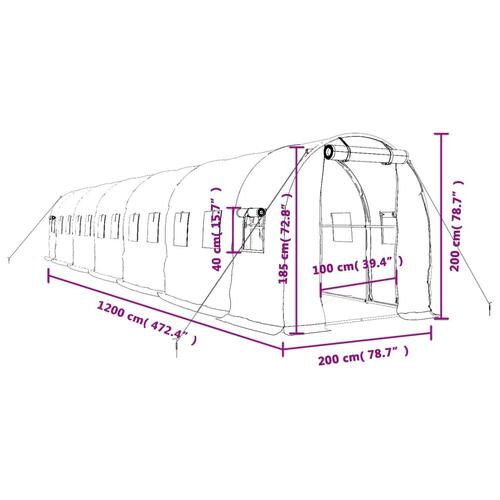 Drivhus med stålstel 24 m² 12x2x2 m grøn