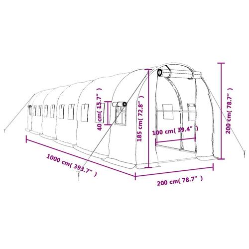 Drivhus med stålstel 20 m² 10x2x2 m hvid