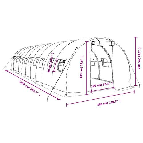 Drivhus med stålstel 30 m² 10x3x2 m grøn