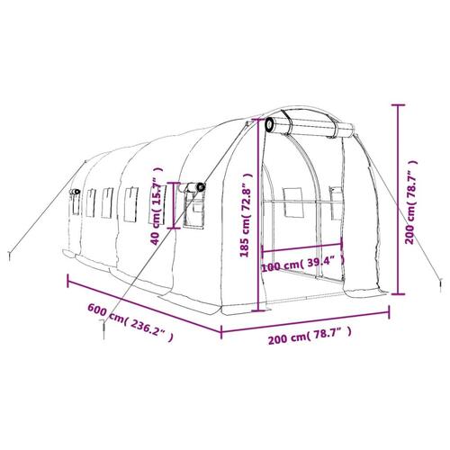 Drivhus med stålstel 12 m² 6x2x2 m hvid