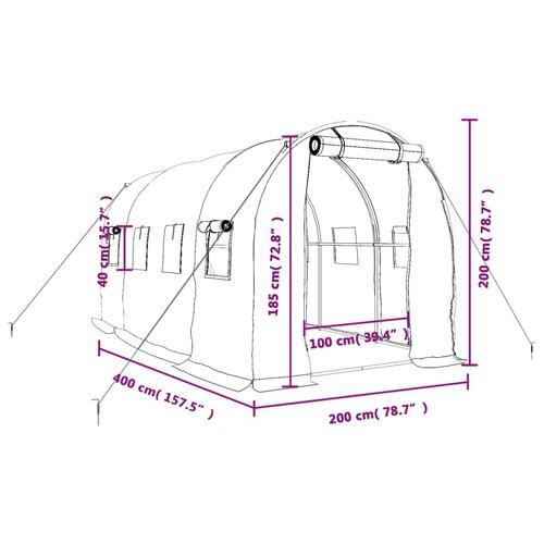 Drivhus med stålstel 8 m² 4x2x2 m hvid