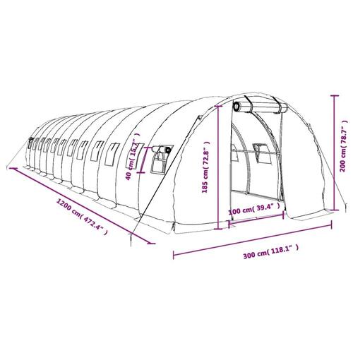 Drivhus med stålstel 36 m² 12x3x2 m grøn