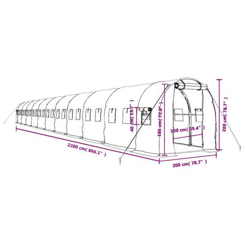 Drivhus med stålstel 44 m² 22x2x2 m hvid