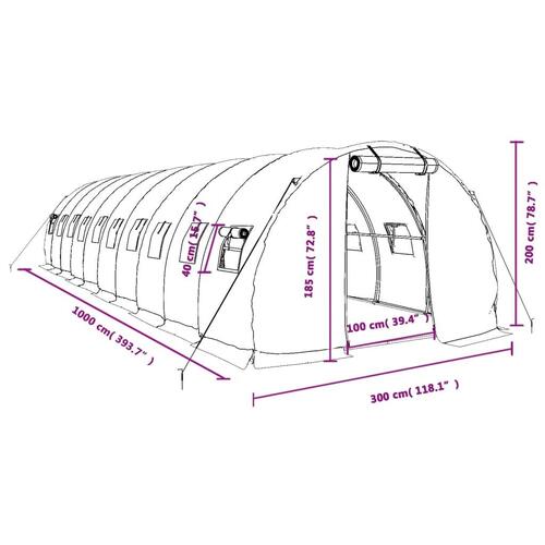 Drivhus med stålstel 30 m² 10x3x2 m hvid