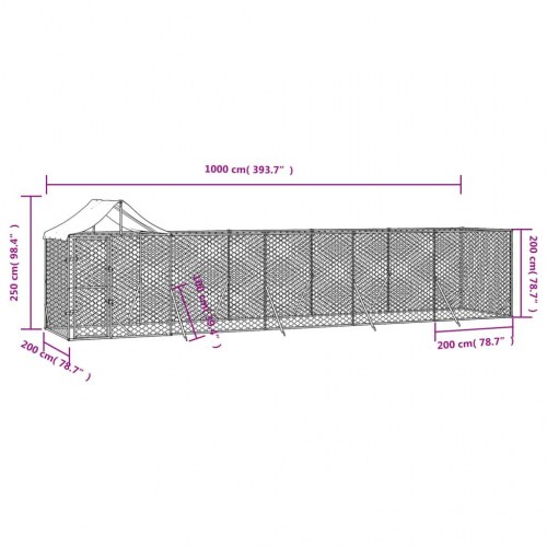 Udendørs hundegård med tag 10x2x2,5 m galvaniseret stål sølv