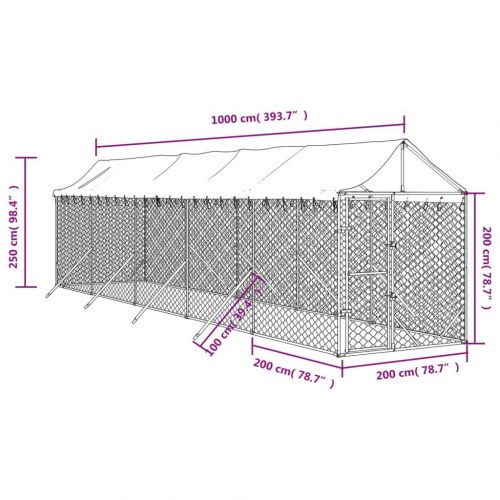 Udendørs hundegård med tag 2x10x2,5 m galvaniseret stål sølv