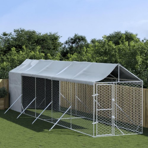 Udendørs hundegård med tag 2 × 10 × 2,5 m - galvaniseret stål, sølv
