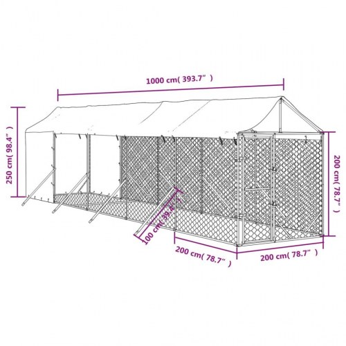 Udendørs hundegård med tag 2 × 10 × 2,5 m - galvaniseret stål, sølv