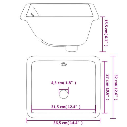 Badeværelsesvask 36,5x32x15,5 cm rektangulær keramisk hvid