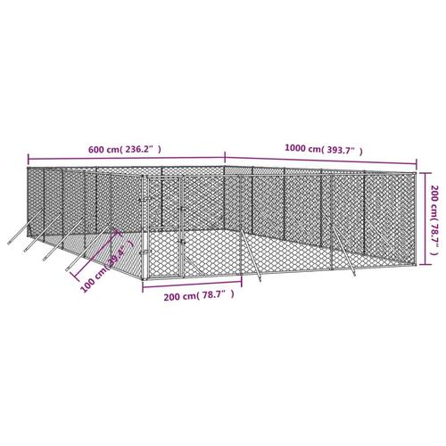Udendørs hundegård 6x10x2 m galvaniseret stål sølvfarvet