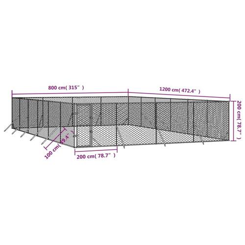 Udendørs hundegård 8x12x2 m galvaniseret stål sølvfarvet