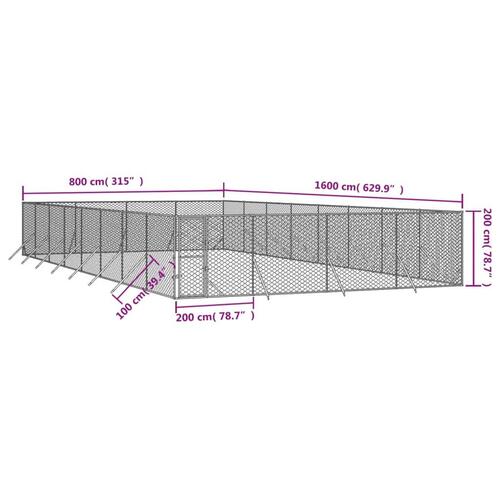 Udendørs hundegård 8x16x2 m galvaniseret stål sølvfarvet