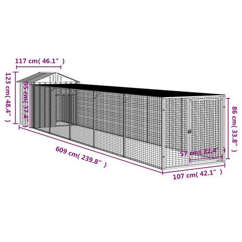 Hønsehus med løbegård 117x609x123 cm galvaniseret stål lysegrå