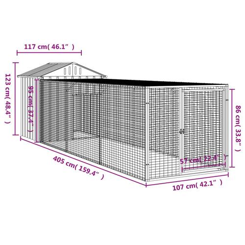 Hønsehus med løbegård 117x405x123 cm galvaniseret stål lysegrå