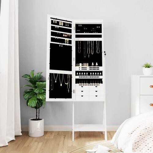 Smykkeskab med spejl og LED-lys fritstående hvid