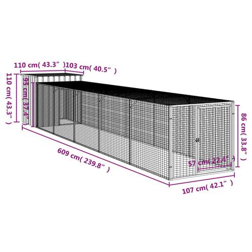 Hønsehus med løbegård 110x609x110 cm galvaniseret stål lysegrå