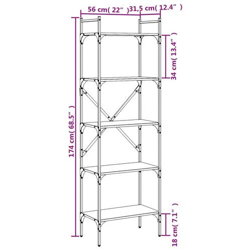 Bogreol med 5 hylder 56x31,5x174 cm konstrueret træ røget eg