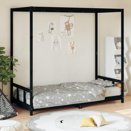 Sengeramme til juniorseng 90x190 cm - massivt fyrretræ, sort