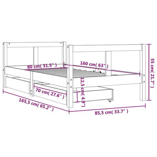 Sengeramme til juniorseng m. skuffer 80x160 cm massivt fyrretræ