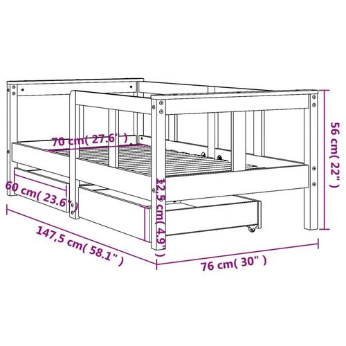 Sengeramme til juniorseng m. skuffer 70x140 cm massivt fyr hvid