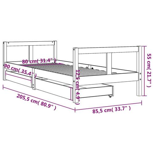 Sengeramme til juniorseng m. skuffer 80x200 cm massivt fyr sort