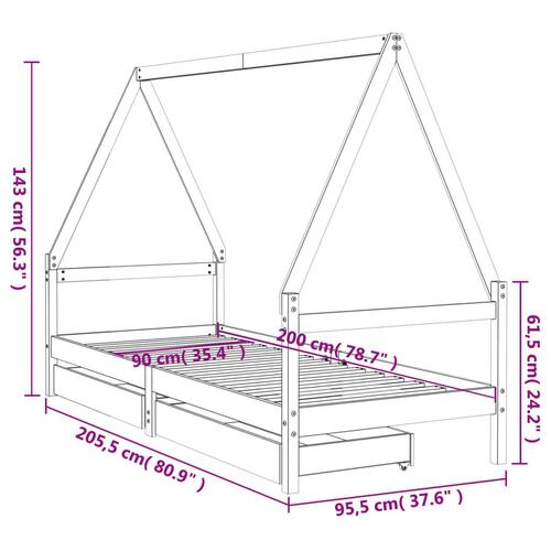 Sengeramme til juniorseng m. skuffer 90x200 cm massivt fyr sort