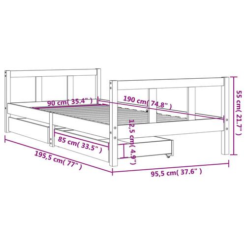 Sengeramme til juniorseng m. skuffer 90x190 cm massivt fyr hvid