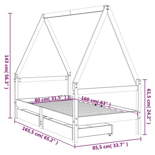 Sengeramme til juniorseng 80x160 cm massivt fyrretræ sort