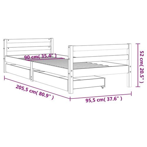 Sengeramme til juniorseng m. skuffer 90x200 cm massivt fyr