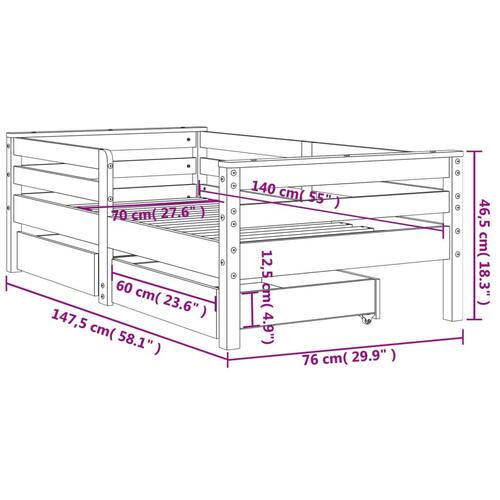 Sengeramme til juniorseng m. skuffer 70x140 cm massivt fyr hvid
