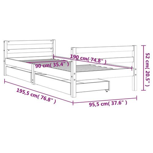 Sengeramme til juniorseng m. skuffer 90x190 cm massivt fyr hvid