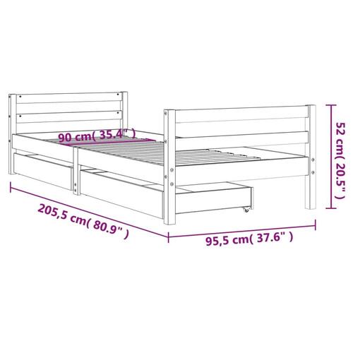 Sengeramme til juniorseng m. skuffer 90x200 cm massivt fyr hvid